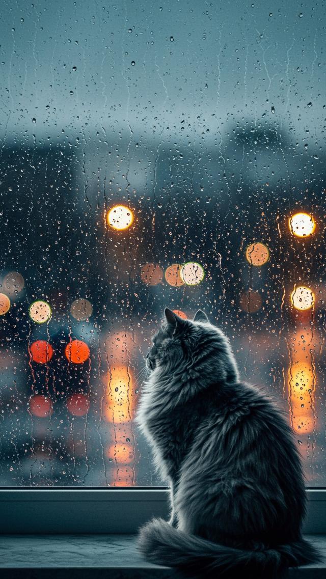 The Cat by the Window and Raindrops