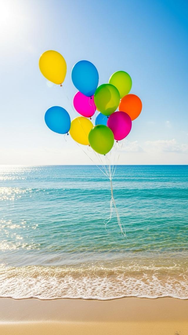 Colorful Balloons and the Ocean