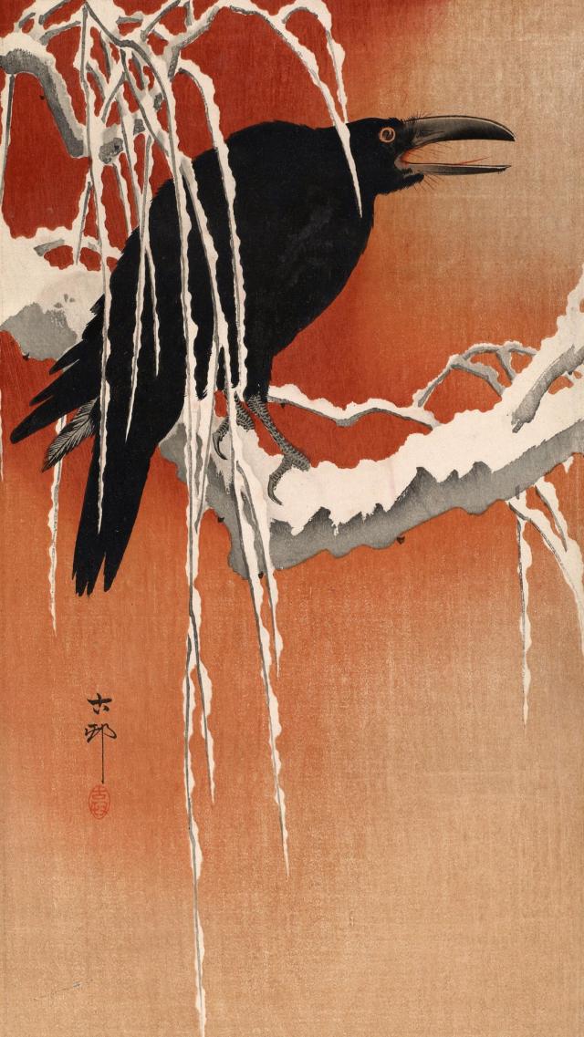 小原古邨 「樹雪の烏」  日本画
