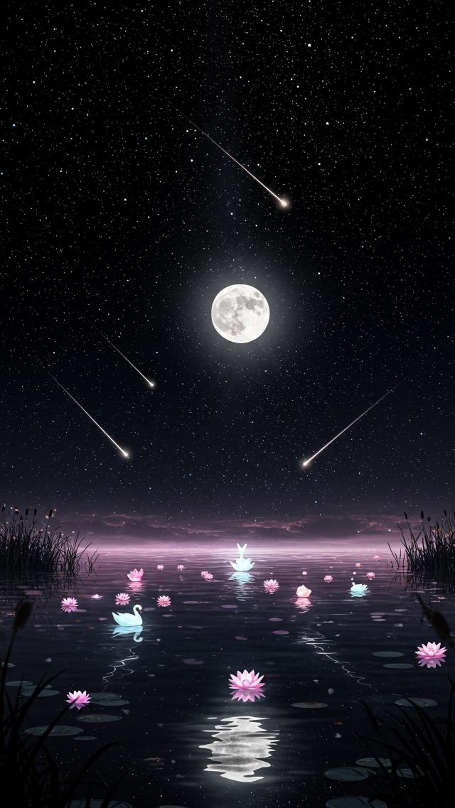 Night When Stars Fall into Mirror-like Water