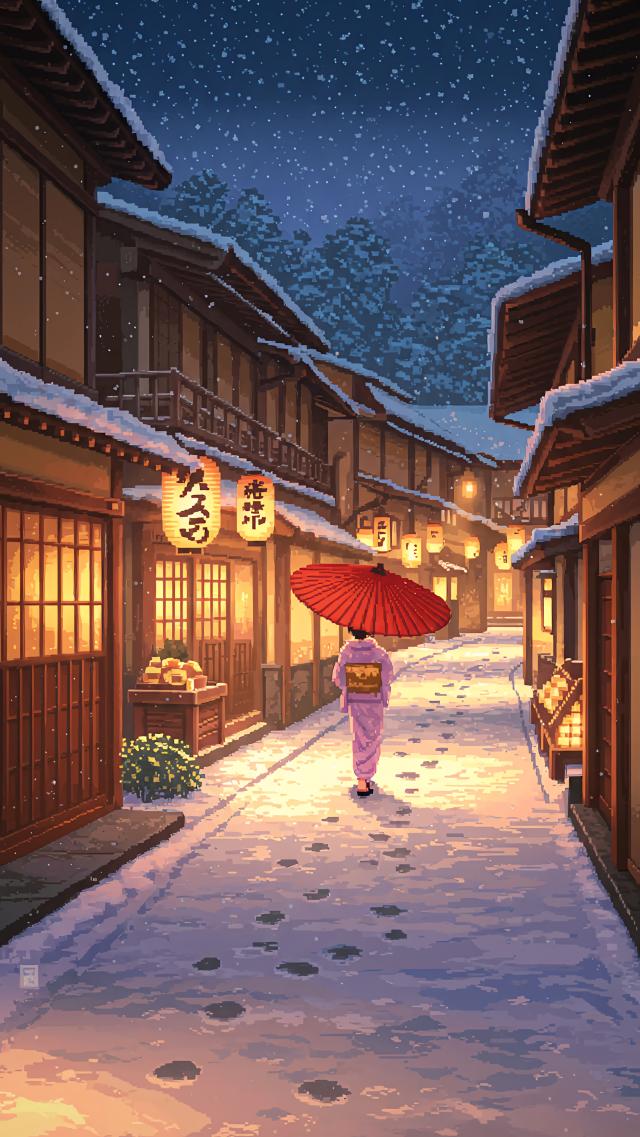 Kyoto in the Snow - Pixel Art