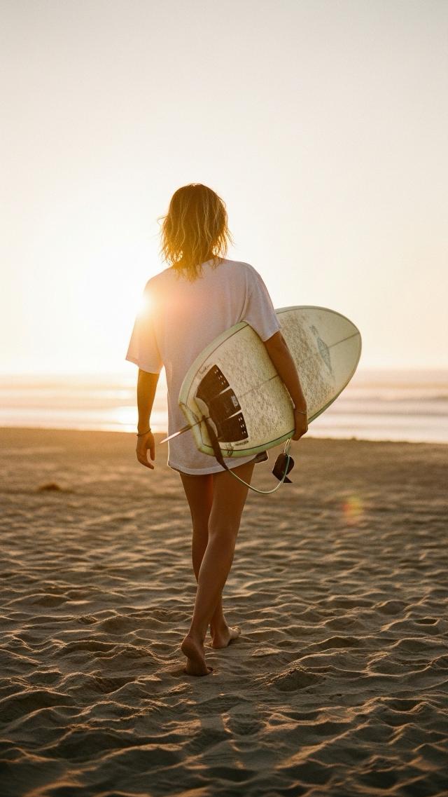 携冲浪板漫步于黄昏海滩 高清壁纸