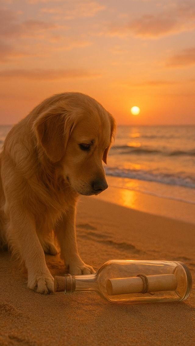 ボトルメールを見つけた犬