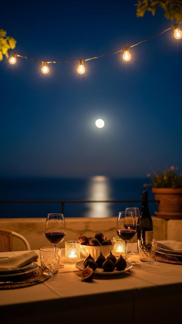 夜晚的露台与大海 高清壁纸