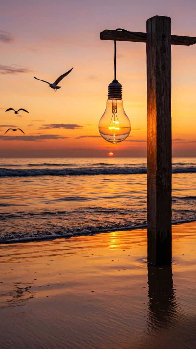 海辺の夕暮れと電球