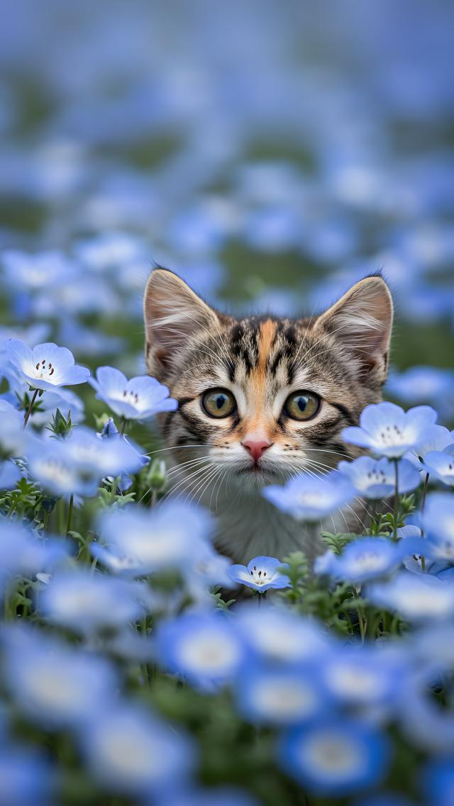 Kitten in a Borage Flower Field