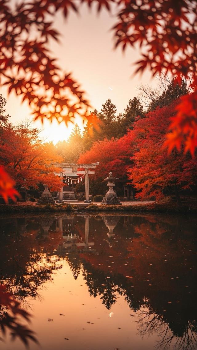 Shrine and Red Leaves at Dusk
