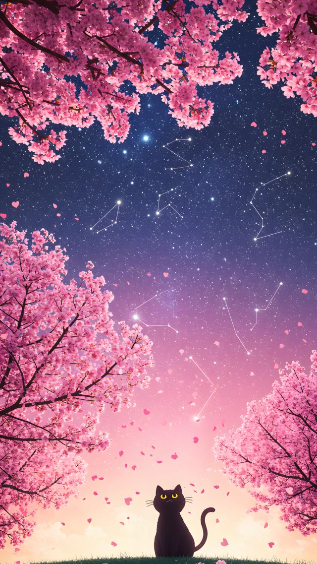 Night Cherry Blossoms and Cat