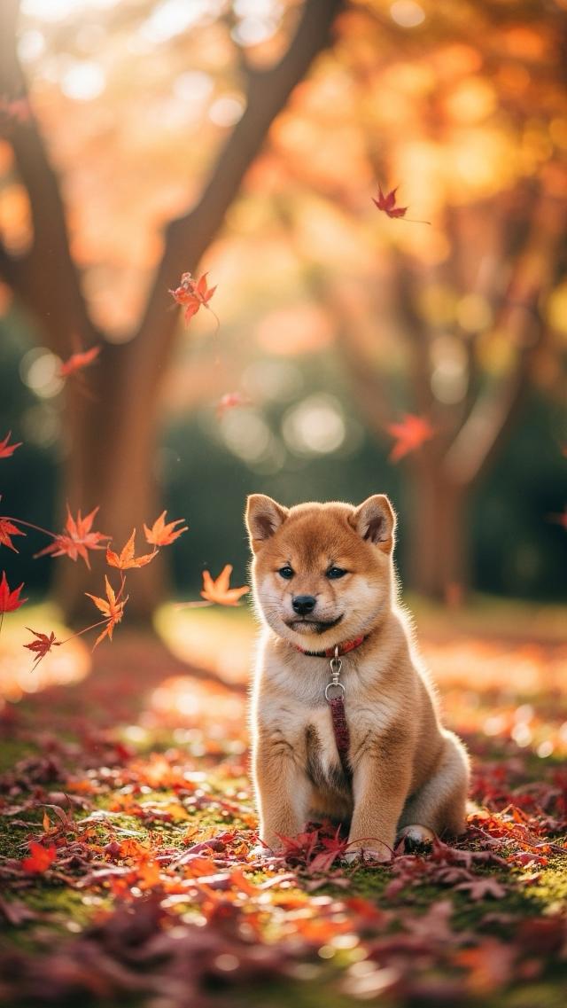Puppy Admires Red Leaves