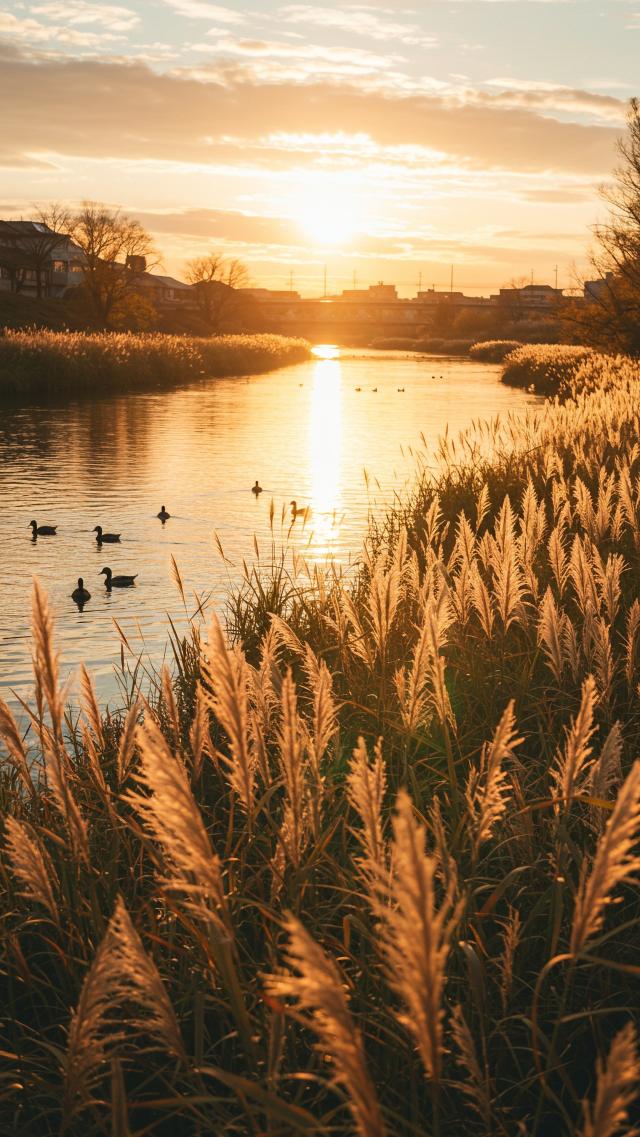 Silver Grass by the Riverside and the Setting Sun