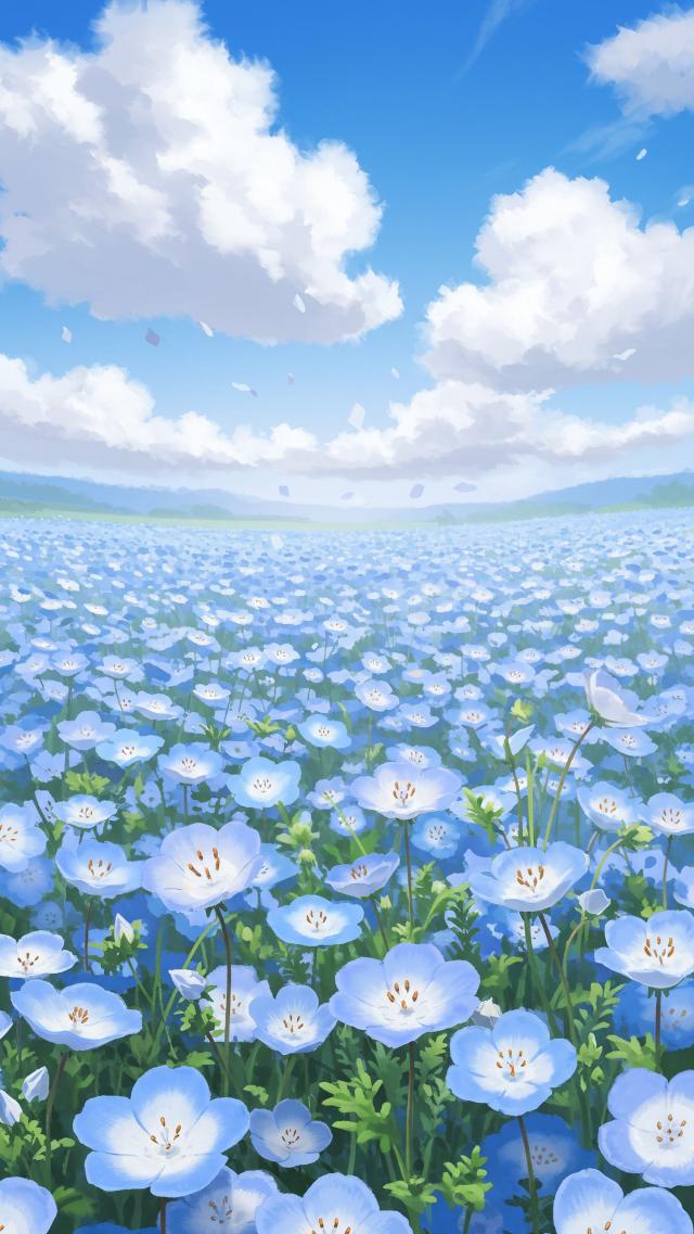 Field of Nemophila Flowers Swaying in the Spring Breeze