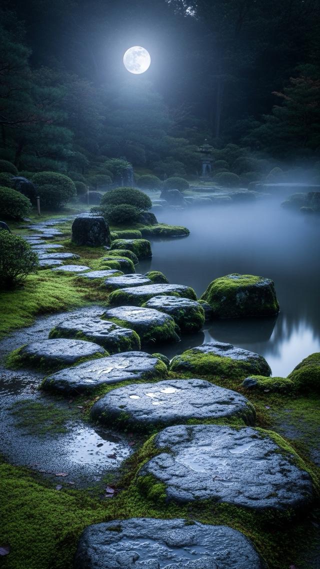 Courtyard Under a Moonlit Night