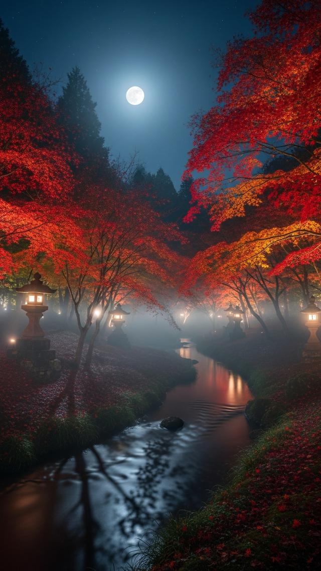 Red Leaves Under a Moonlit Night