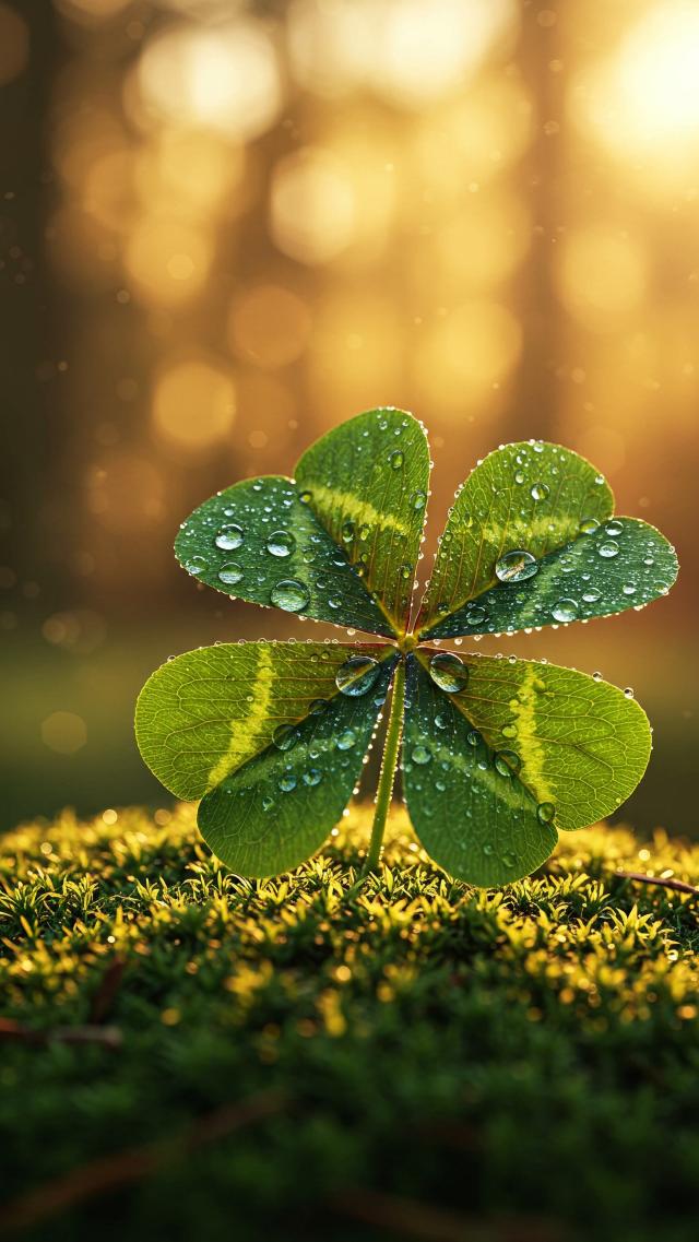 Four-Leaf Clover Shining in the Morning Dew