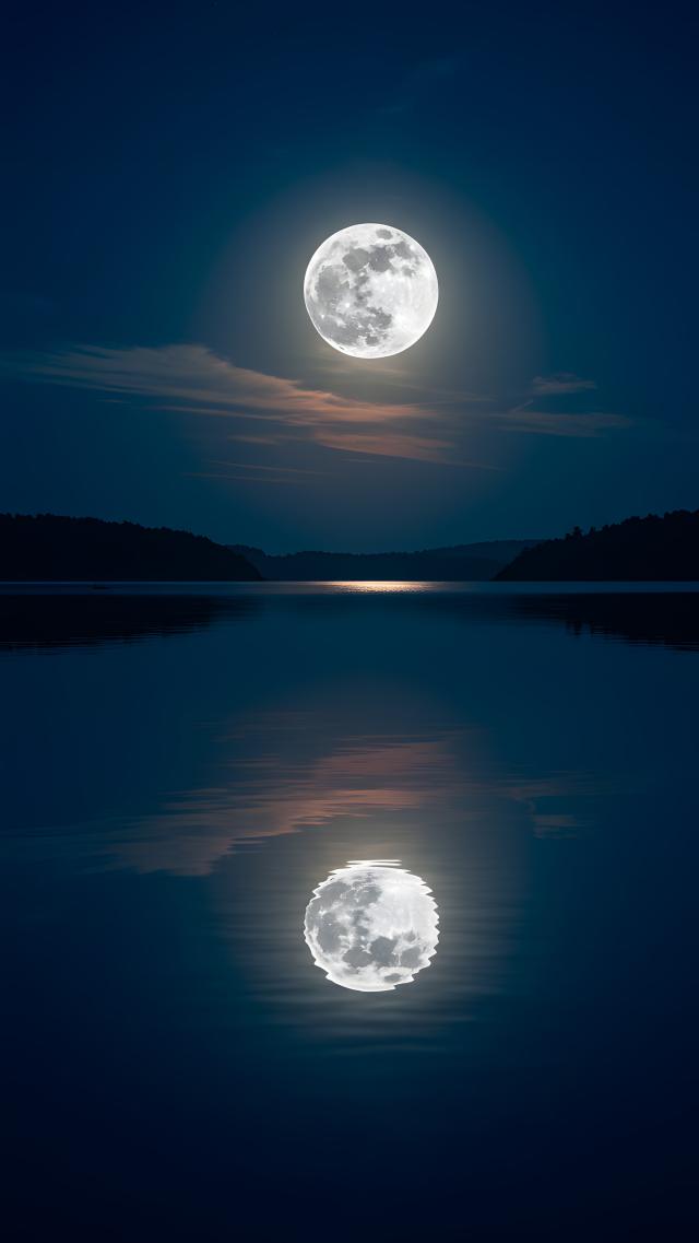 Full Moon Reflected on the Lake Surface