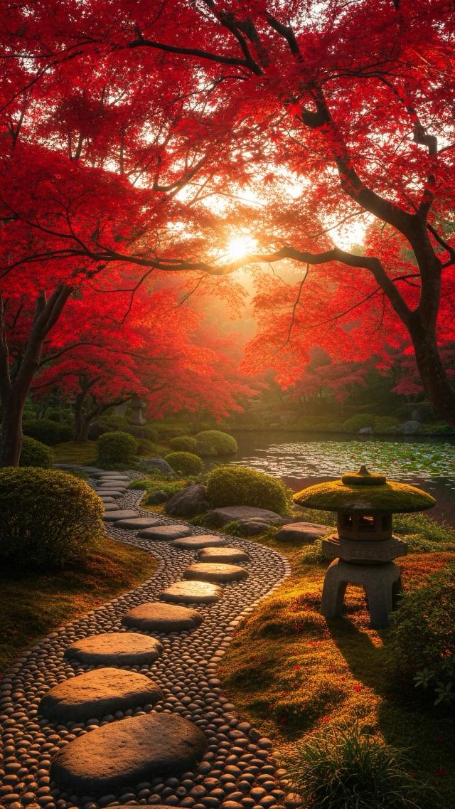 Lanterns and Red Leaves Courtyard