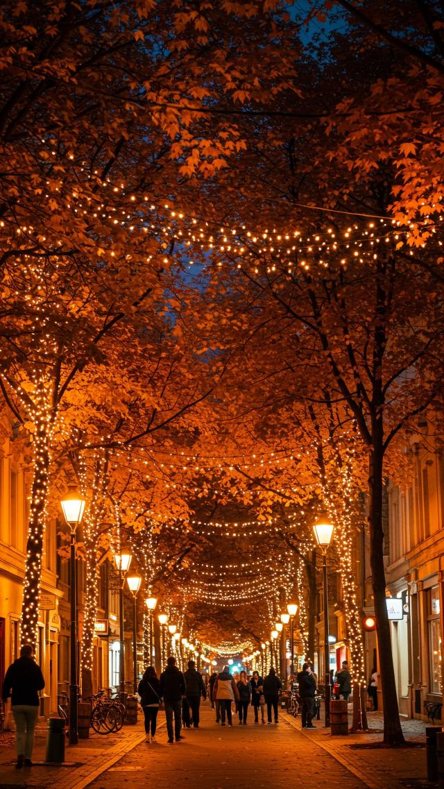 Autumn Street Aglow with Dazzling Lights