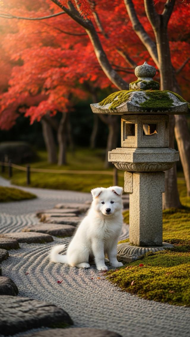 White Puppy in an Autumn Courtyard