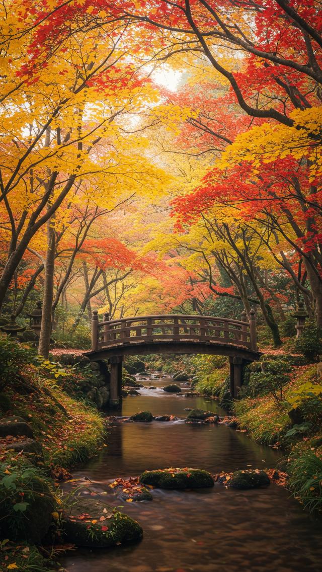 Bridge Over the Stream Amid Red Leaves