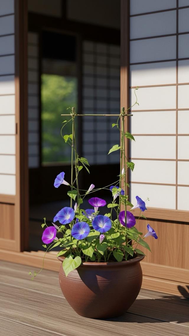 Potted Morning Glories on the Eaves Corridor