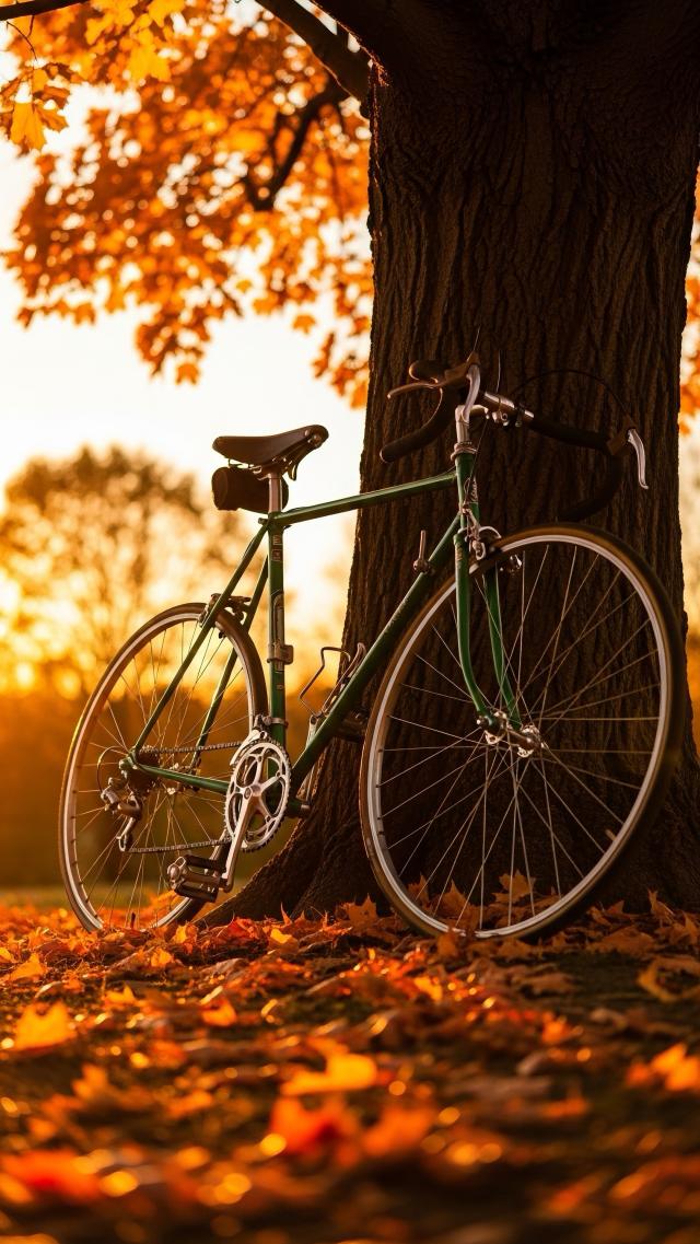 Red Leaves in the Sunset Glow with Bicycles