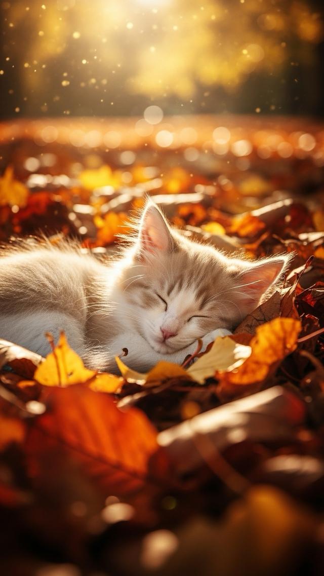 A Kitten Lying Among Fallen Leaves