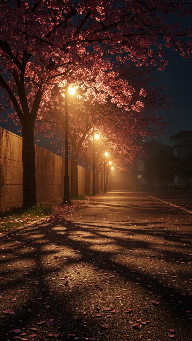 Night Cherry Blossom Boulevard Lit by Street Lamps
