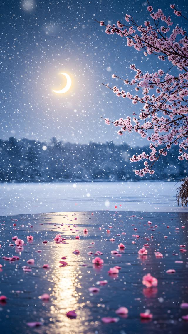 Snowy Night, Cherry Blossoms Fall Over Icy Spring