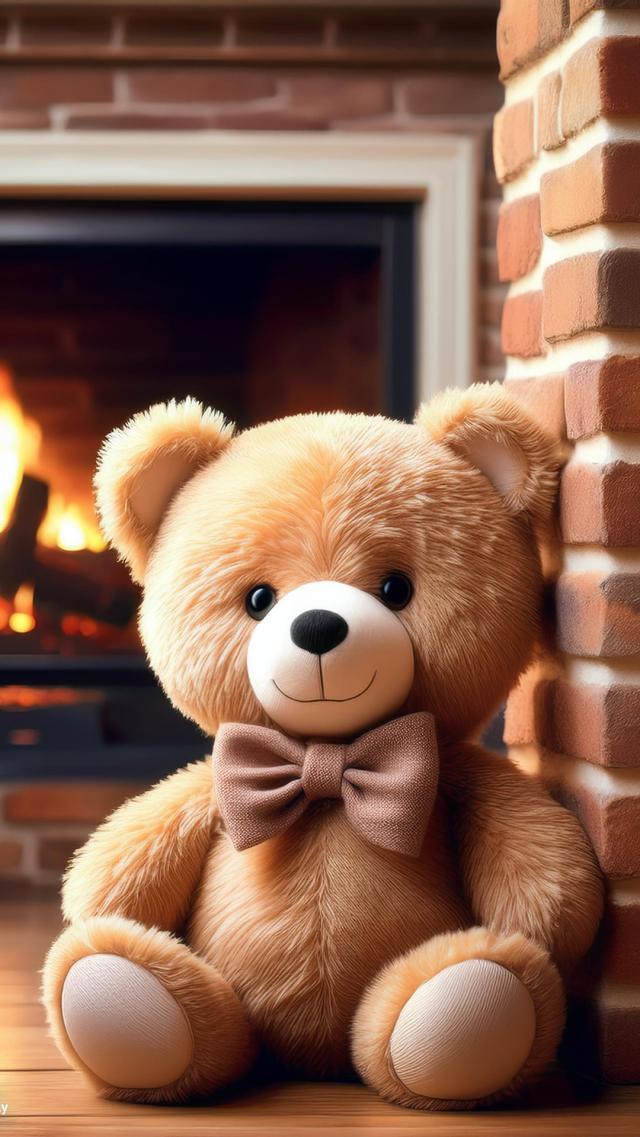 Teddy Bear in Front of the Fireplace