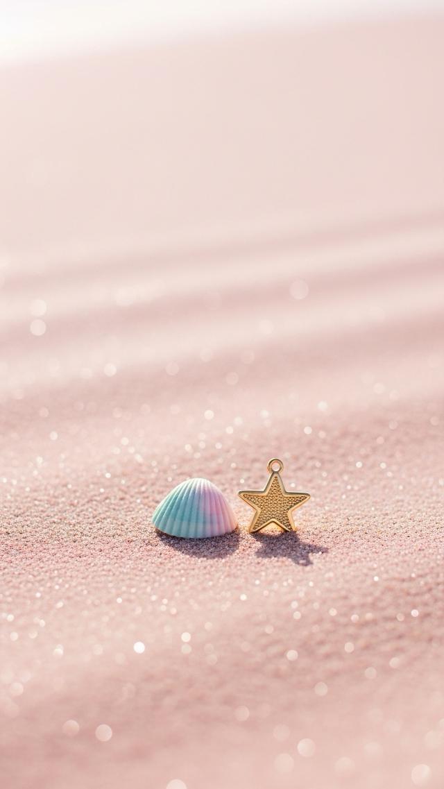 排列在沙滩上的贝壳与星星挂饰 高清壁纸
