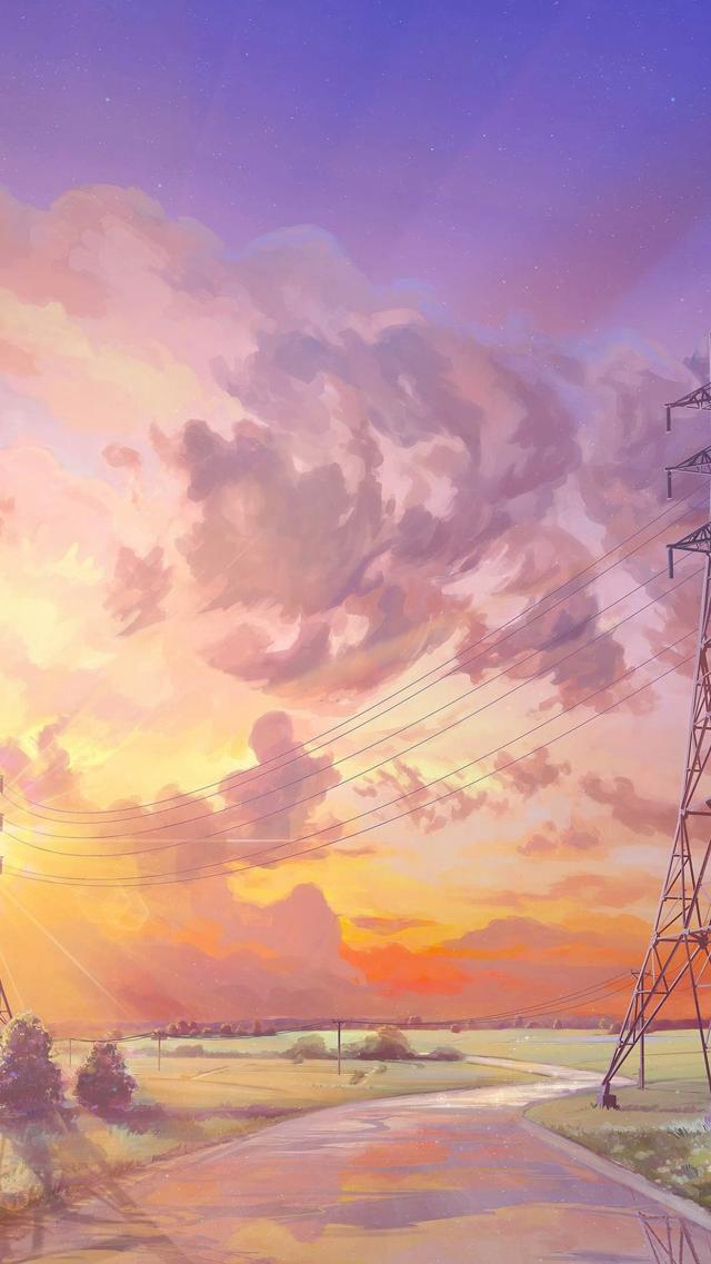 晚霞与电线 高清壁纸