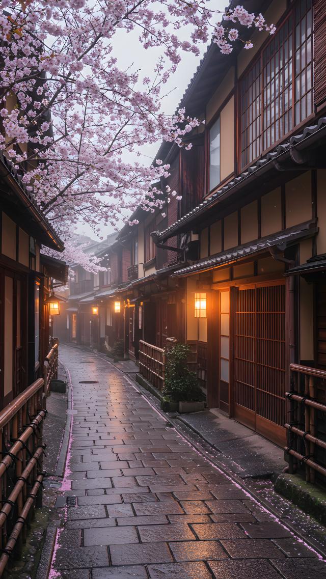 Scenic View of Kyoto's Machiya in Spring
