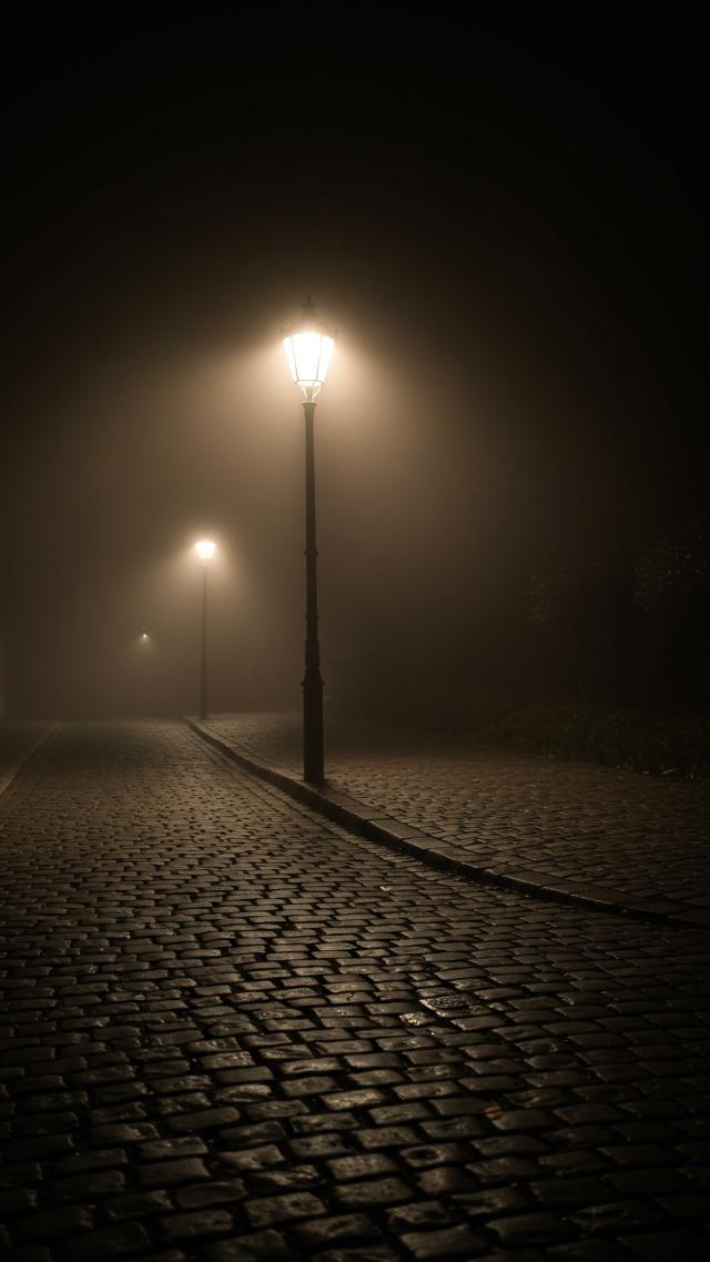 Lonely Road Lit by Streetlights