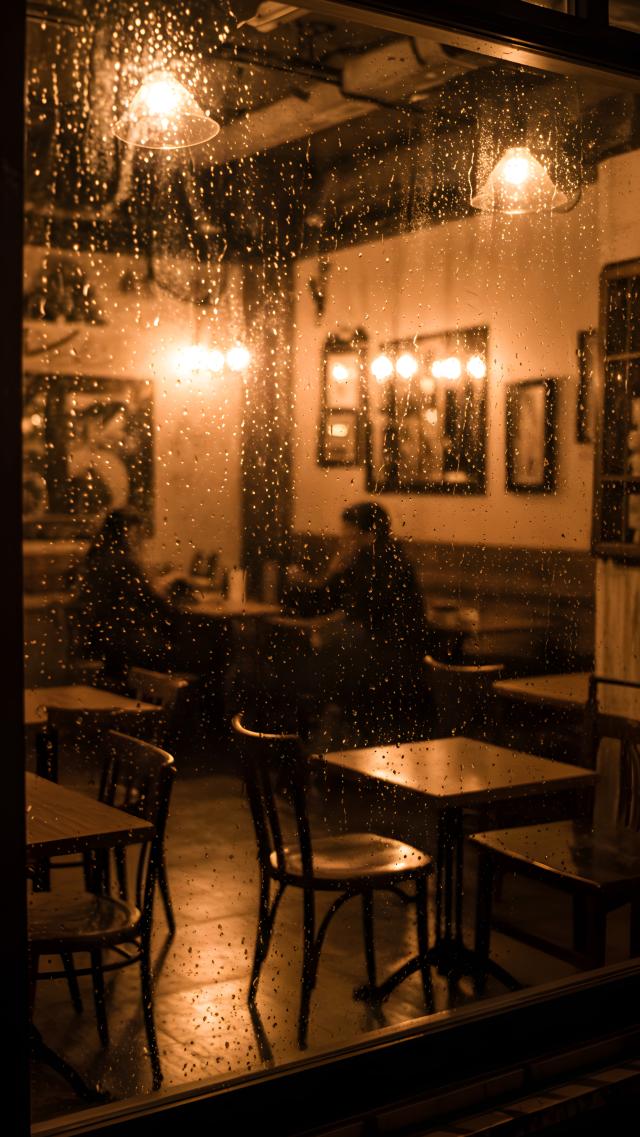 Rain-Soaked Café Window Glass