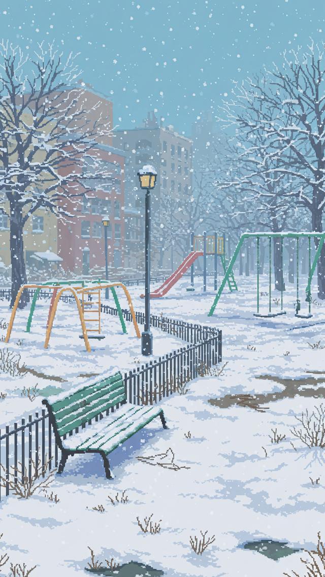 Serene Snow-Falling Park - Pixel Art