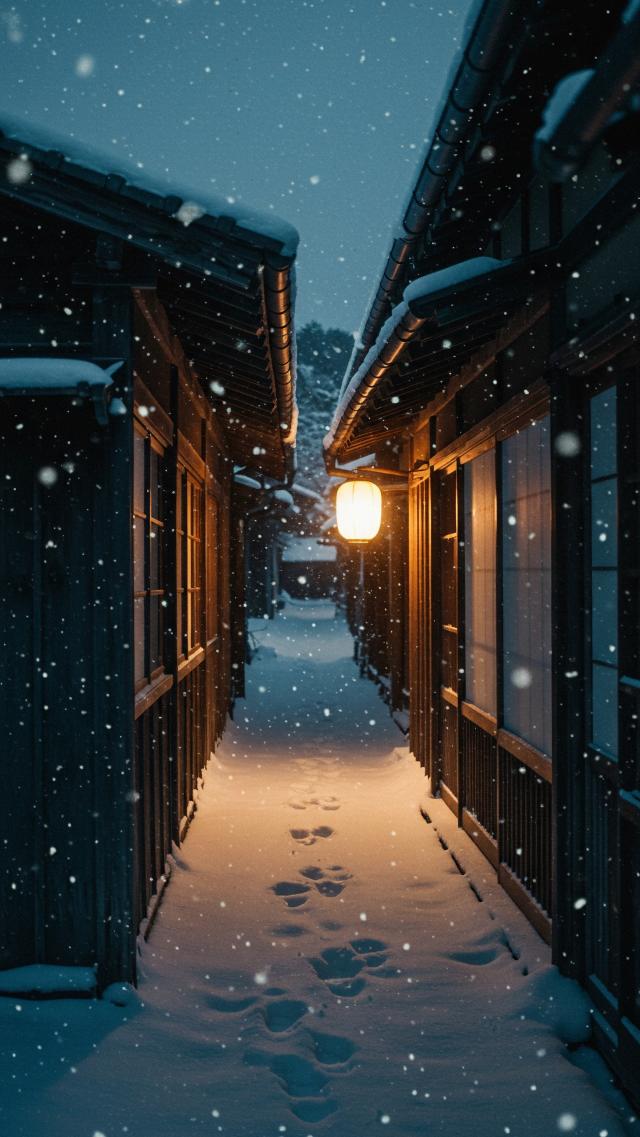 In front of the old house in falling snow