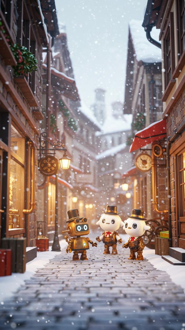 Quaint Town with Snow-Covered Flagstone Paths