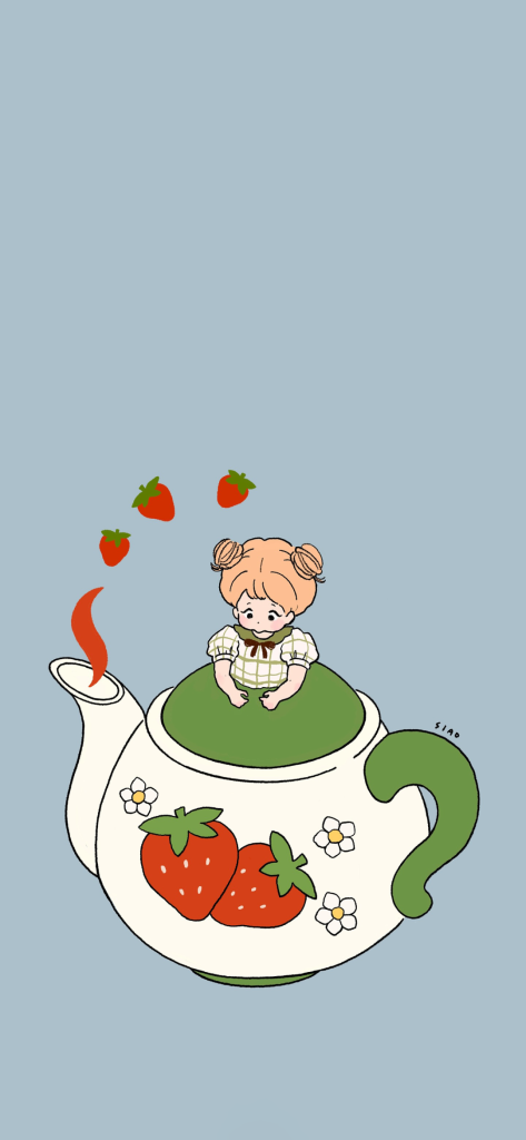 草莓茶壶上的小女孩