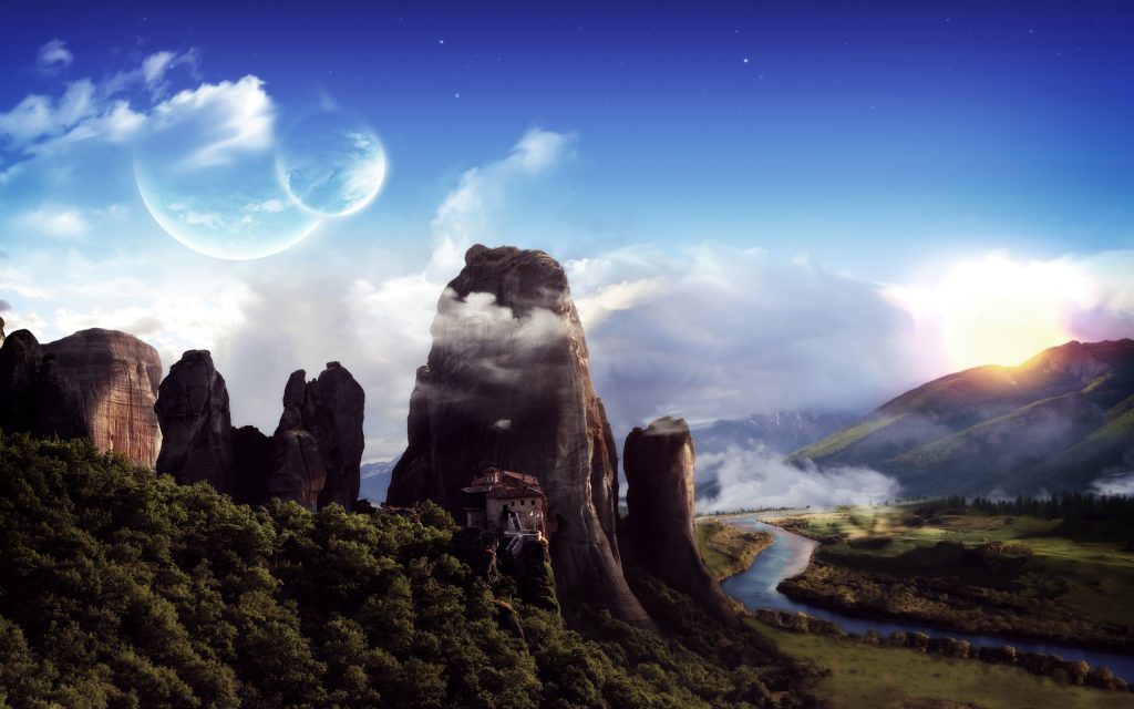 奇幻山峰与双月夜景